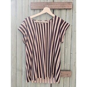 Numph Striped Pleated Top Women’s Size 40 (M/L) Black Beige Short Sleeve Blouse